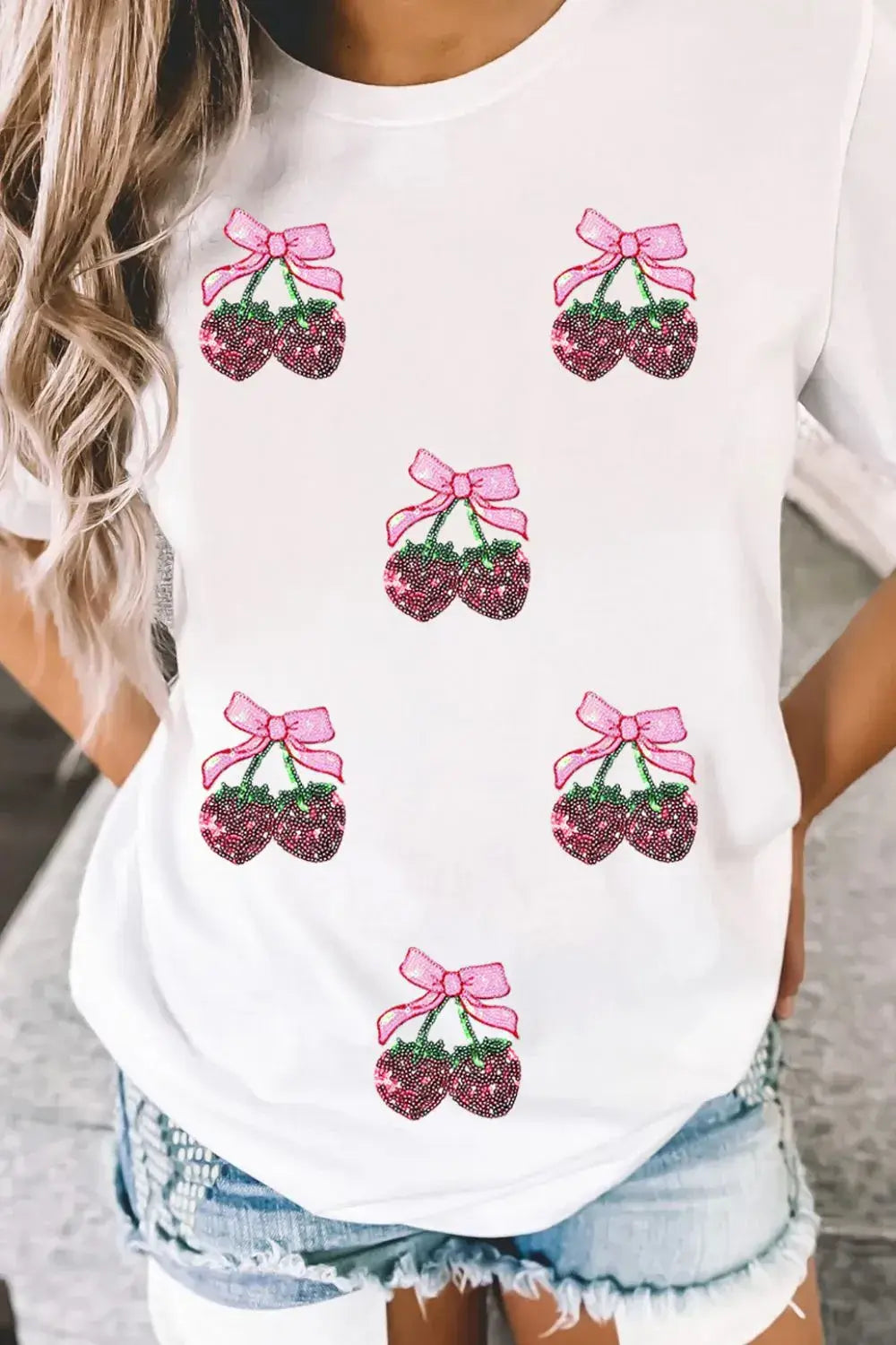 Sequin Cherry Round Neck Short Sleeve T-Shirt - Trendsi - Flyclothing LLC