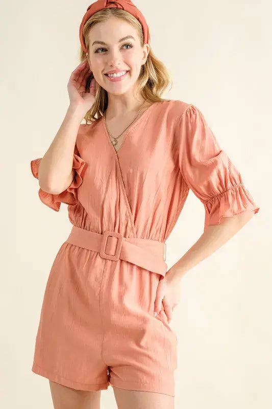 And The Why Flounce Sleeves Romper with Belt - Trendsi - Flyclothing LLC