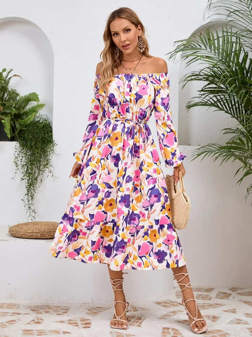 Printed Long Sleeve Midi Dress - Trendsi - Flyclothing LLC