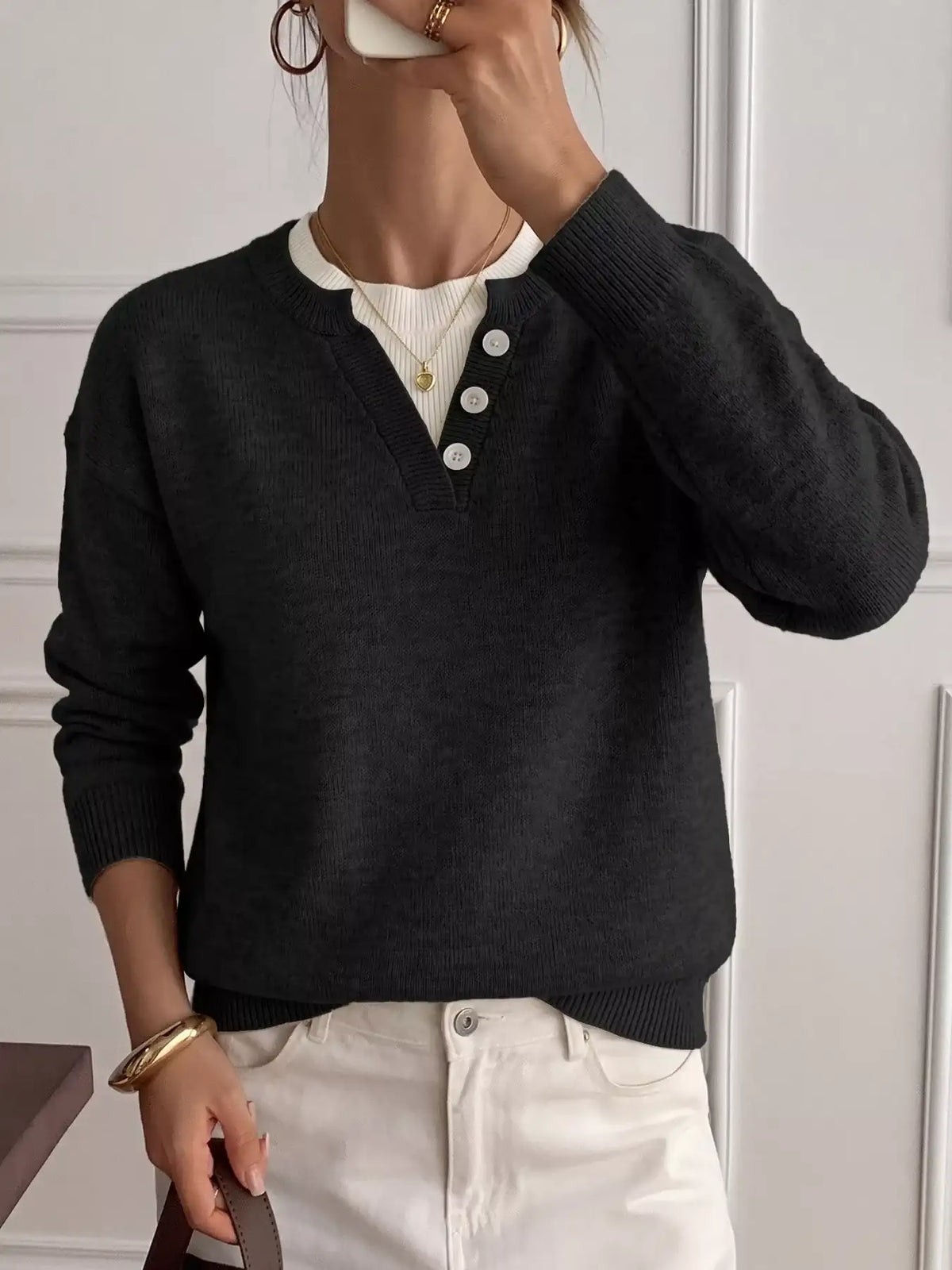 Decor Button-Placket Ribbed Knit Sweater - Trendsi - Flyclothing LLC