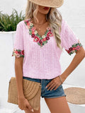 Eyelet Embroidered V-Neck Short Sleeve Blouse - Trendsi - Flyclothing LLC