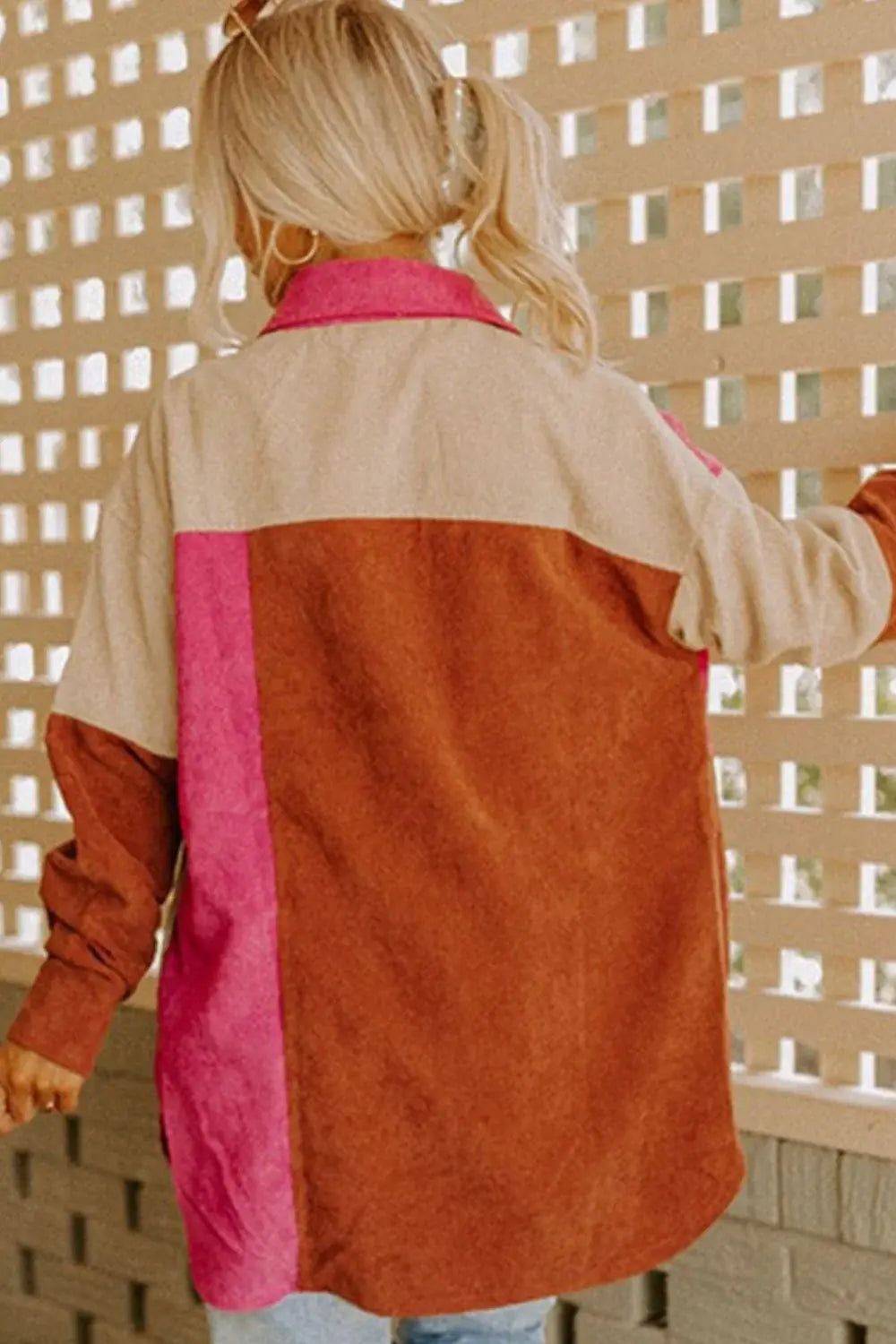 Color Block Curved Hem Corduroy Shacket with Pocket - Trendsi - Flyclothing LLC