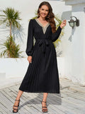 V-Neck Long Sleeve Pleated Dress - Trendsi - Flyclothing LLC