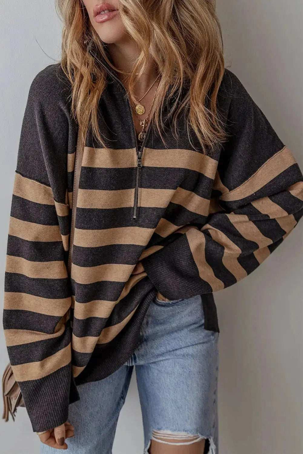 Striped Half Zip Long Sleeve Knit Top - Trendsi - Flyclothing LLC