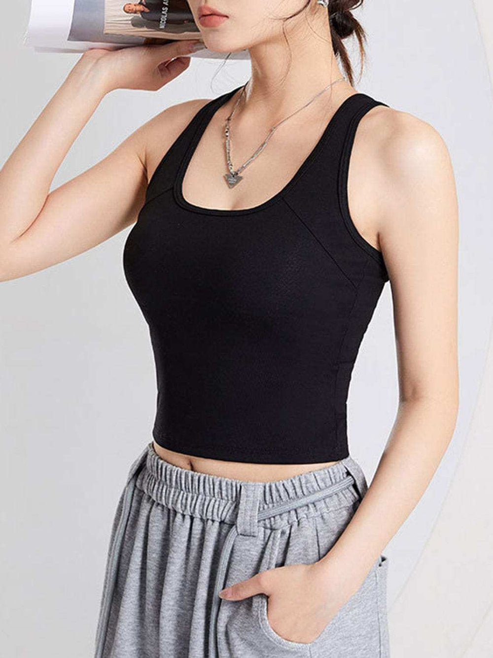 Crisscross Scoop Neck Wide Strap Cropped Tank with Chest Pads - Trendsi - Flyclothing LLC