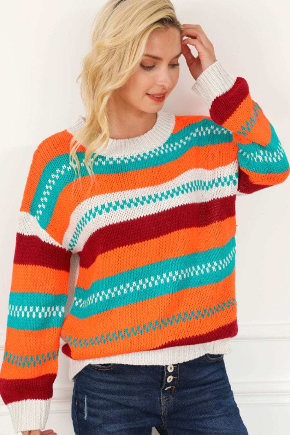 Contrast Striped Round Neck Long Sleeve Sweater - Trendsi - Flyclothing LLC