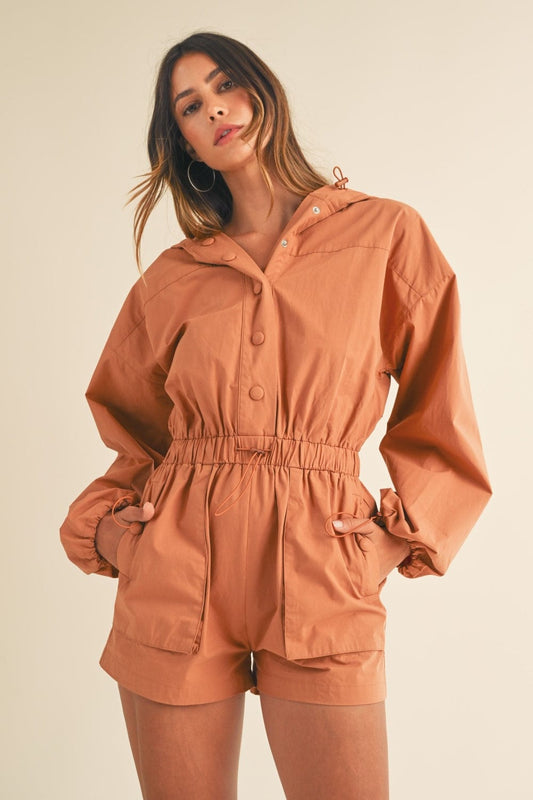Mable Snap Down Long Sleeve Hooded Romper - Trendsi
