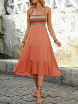 Tie Shoulder Square Neck Tiered Midi Dress - Trendsi - Flyclothing LLC