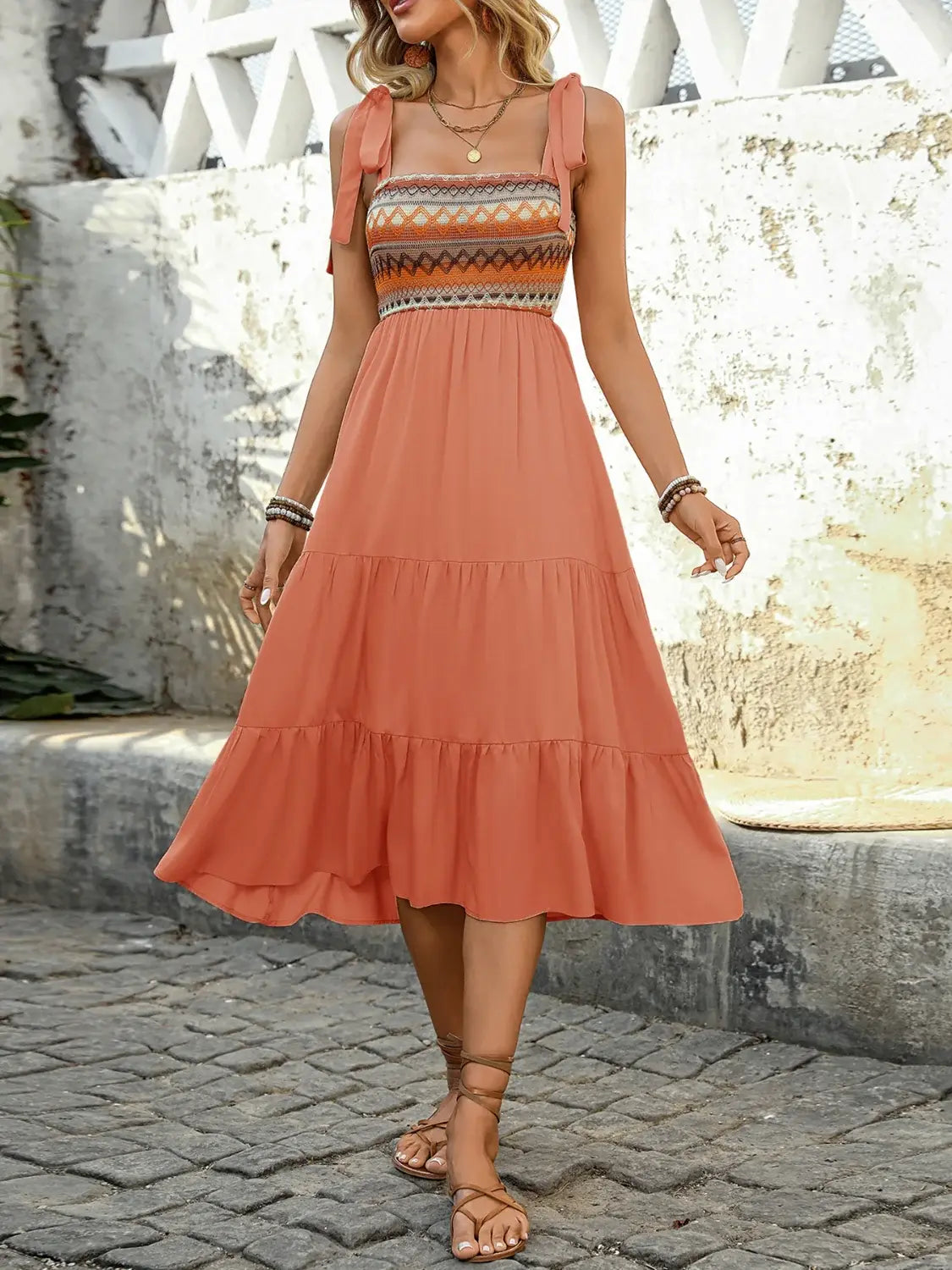Tie Shoulder Square Neck Tiered Midi Dress - Trendsi - Flyclothing LLC