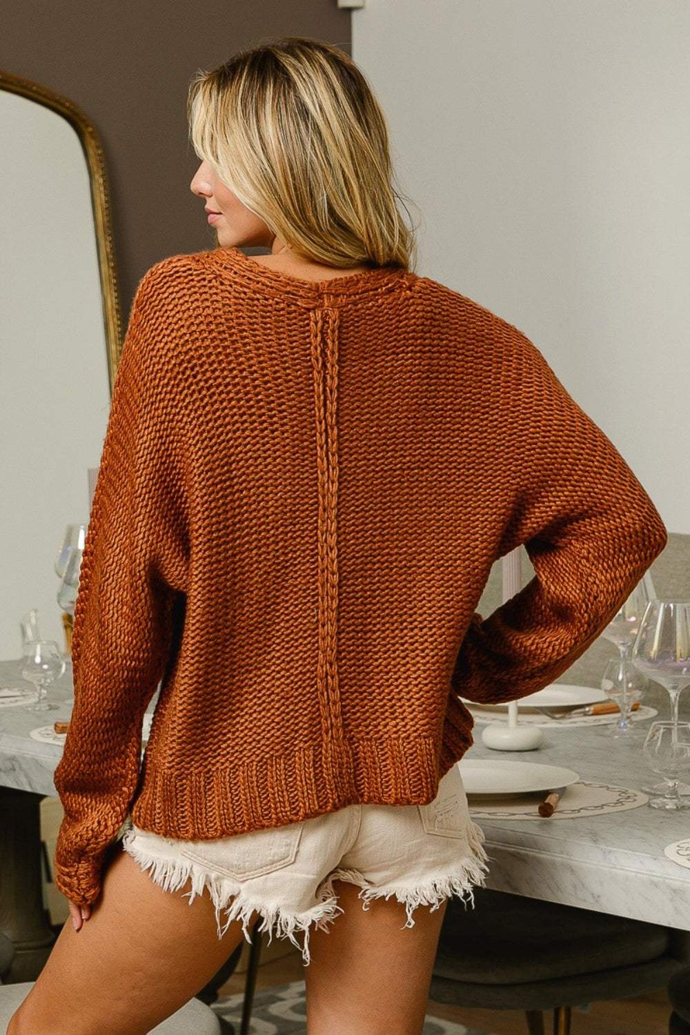 BiBi V-Neck Cable Knit Sweater - Trendsi - Flyclothing LLC