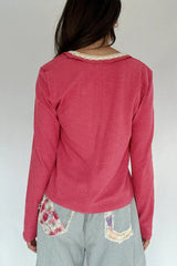 Lace Trim Ribbed Knit Henley Blouse - Trendsi - Flyclothing LLC