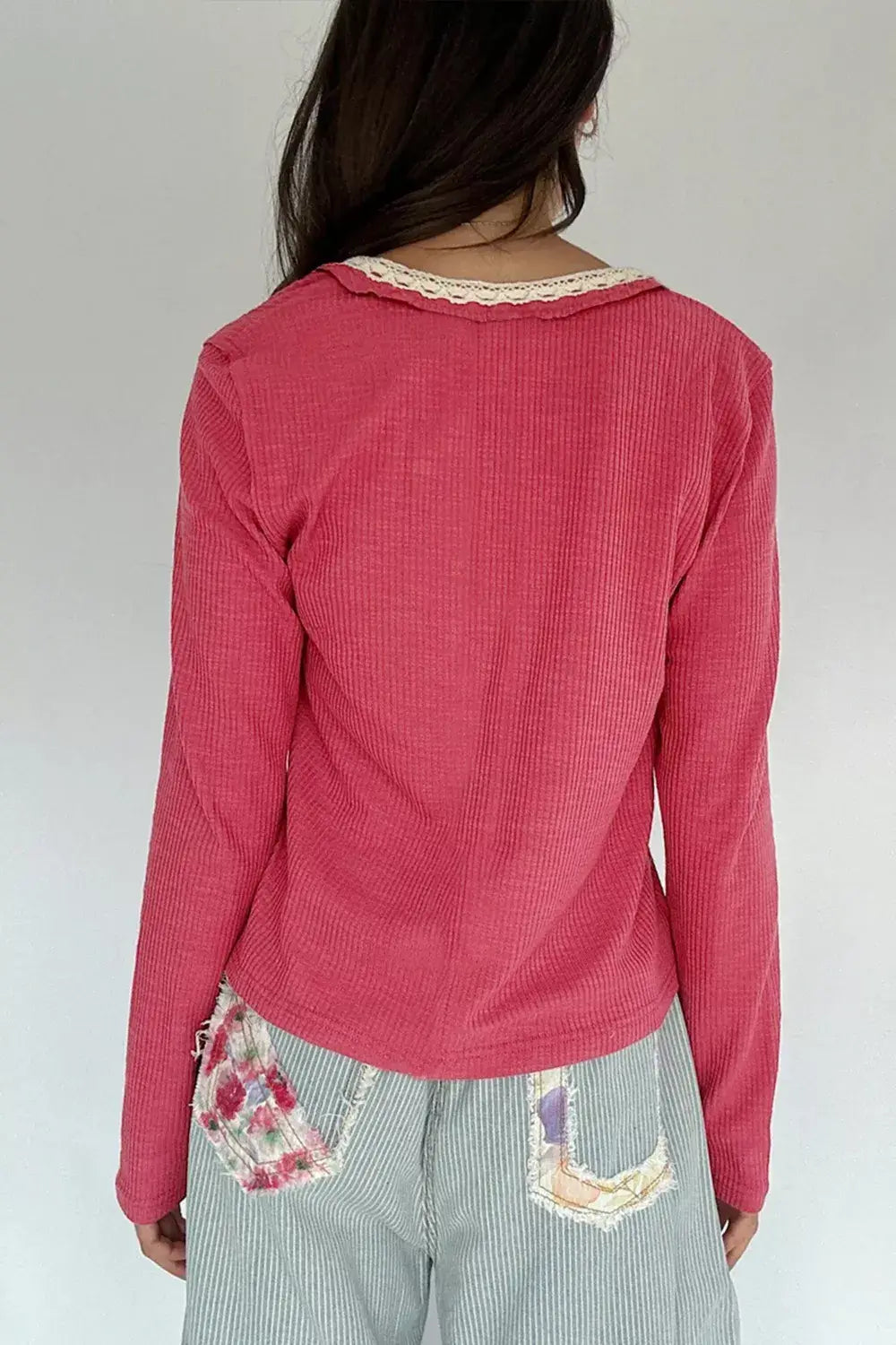 Lace Trim Ribbed Knit Henley Blouse - Trendsi - Flyclothing LLC