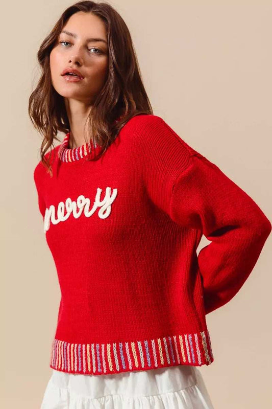 SO ME Merry Lettering Embroidered Christmas Sweater - Trendsi - Flyclothing LLC