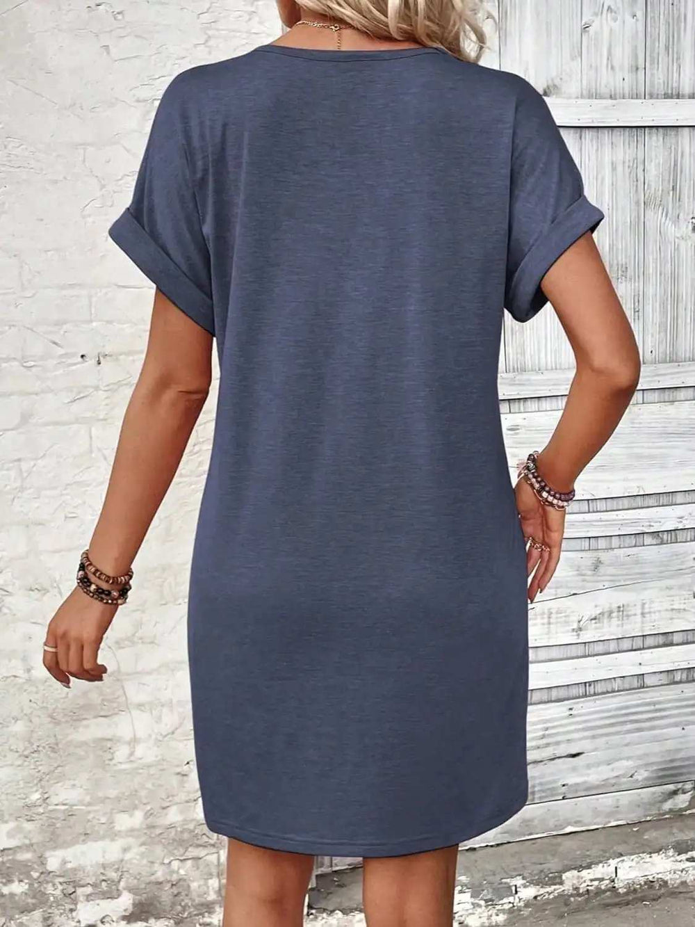 Quarter Button V-Neck Short Sleeve Dress - Trendsi - Flyclothing LLC