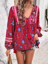 Printed Tie Neck Long Sleeve Blouse - Trendsi - Flyclothing LLC