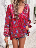 Printed Tie Neck Long Sleeve Blouse - Trendsi - Flyclothing LLC