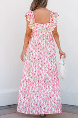 Floral Print Square Neck Ruffled Cap Sleeve Maxi Dress - Trendsi - Flyclothing LLC