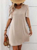 Textured Round Neck Short Sleeve Mini Dress - Trendsi - Flyclothing LLC