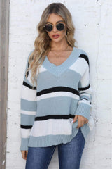 Color Block V-Neck Dropped Shoulder Sweater - Trendsi - Flyclothing LLC