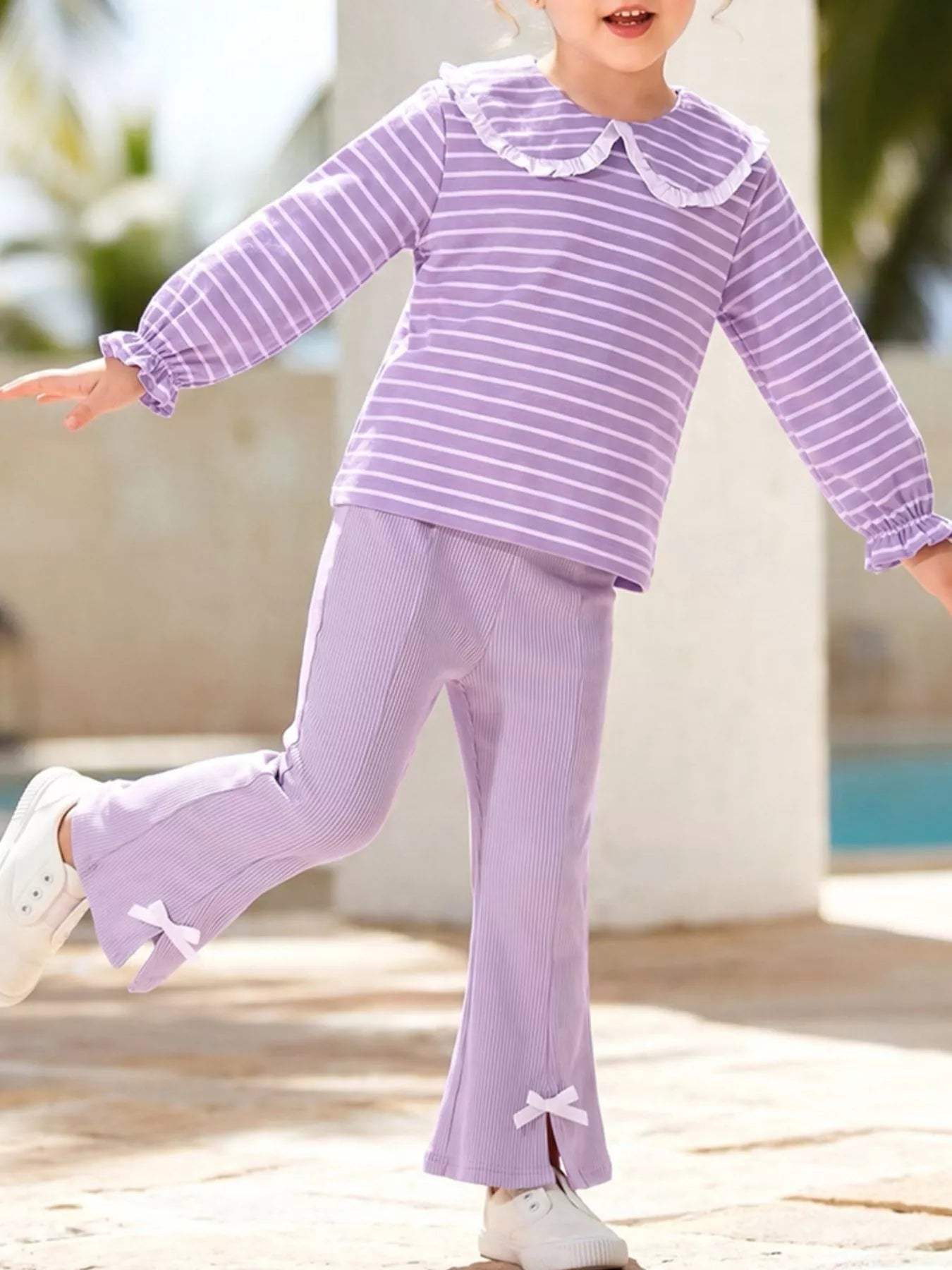 Children's Striped Ruffle Collar Top and Bow Flare Pants Set - Trendsi - Flyclothing LLC