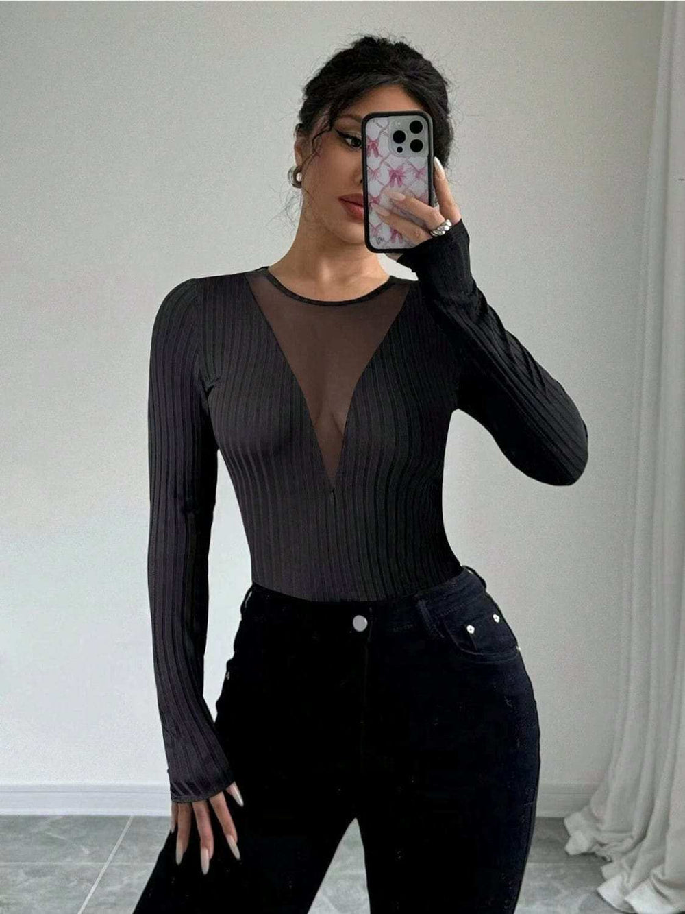 Mesh Detail Round Neck Long Sleeve Top - Trendsi - Flyclothing LLC