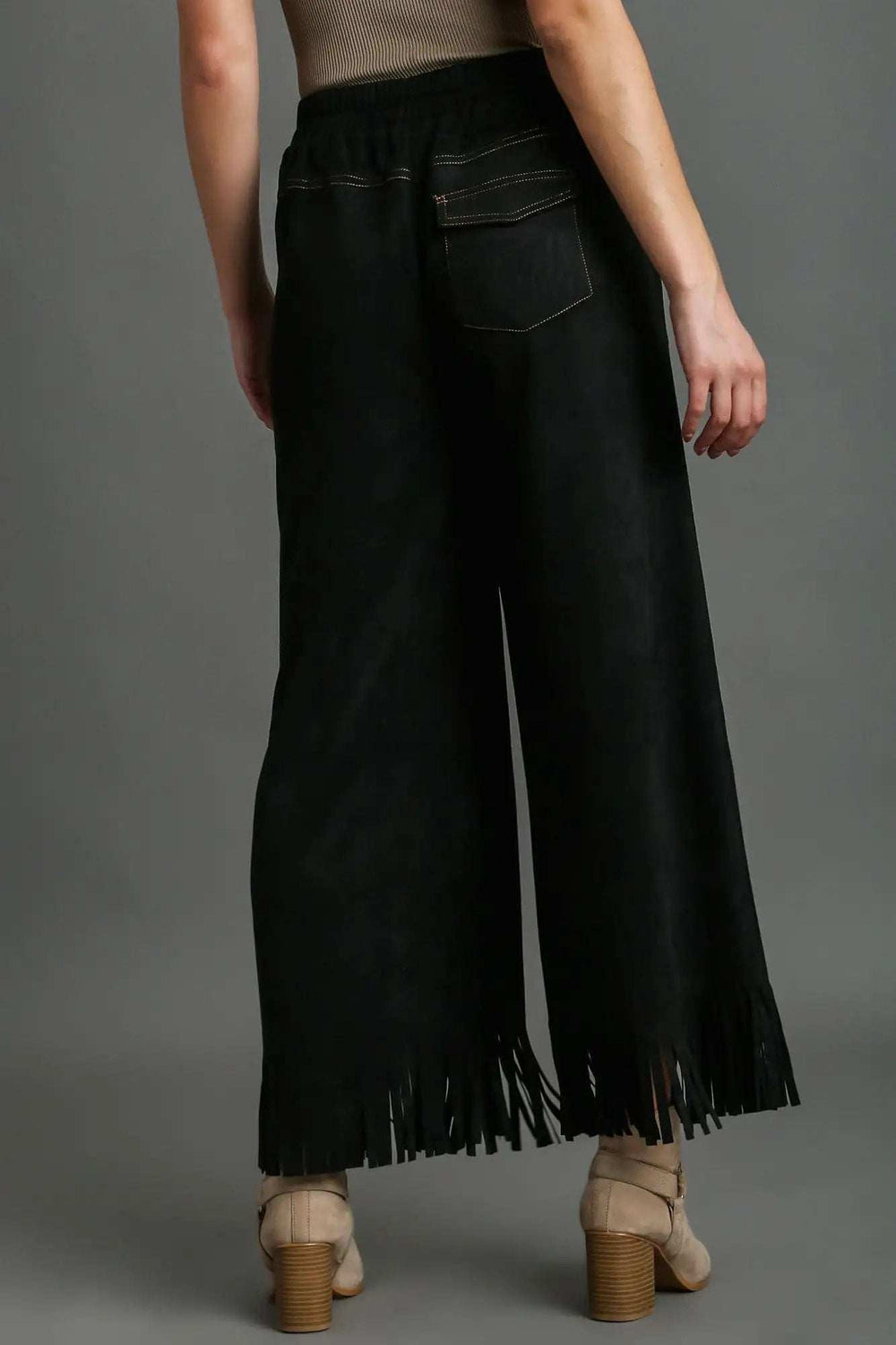 Umgee Full Size Suede Fringe Hem Wide Leg Pants Plus Size - Trendsi - Flyclothing LLC