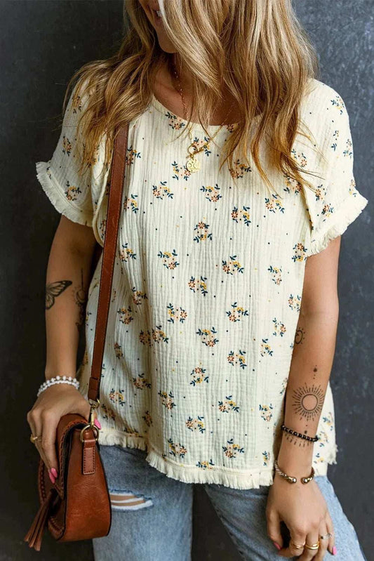 Raw Hem Printed Round Neck Short Sleeve Top - Trendsi - Flyclothing LLC