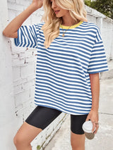 Contrast Striped Round Neck T-Shirt - Trendsi - Flyclothing LLC