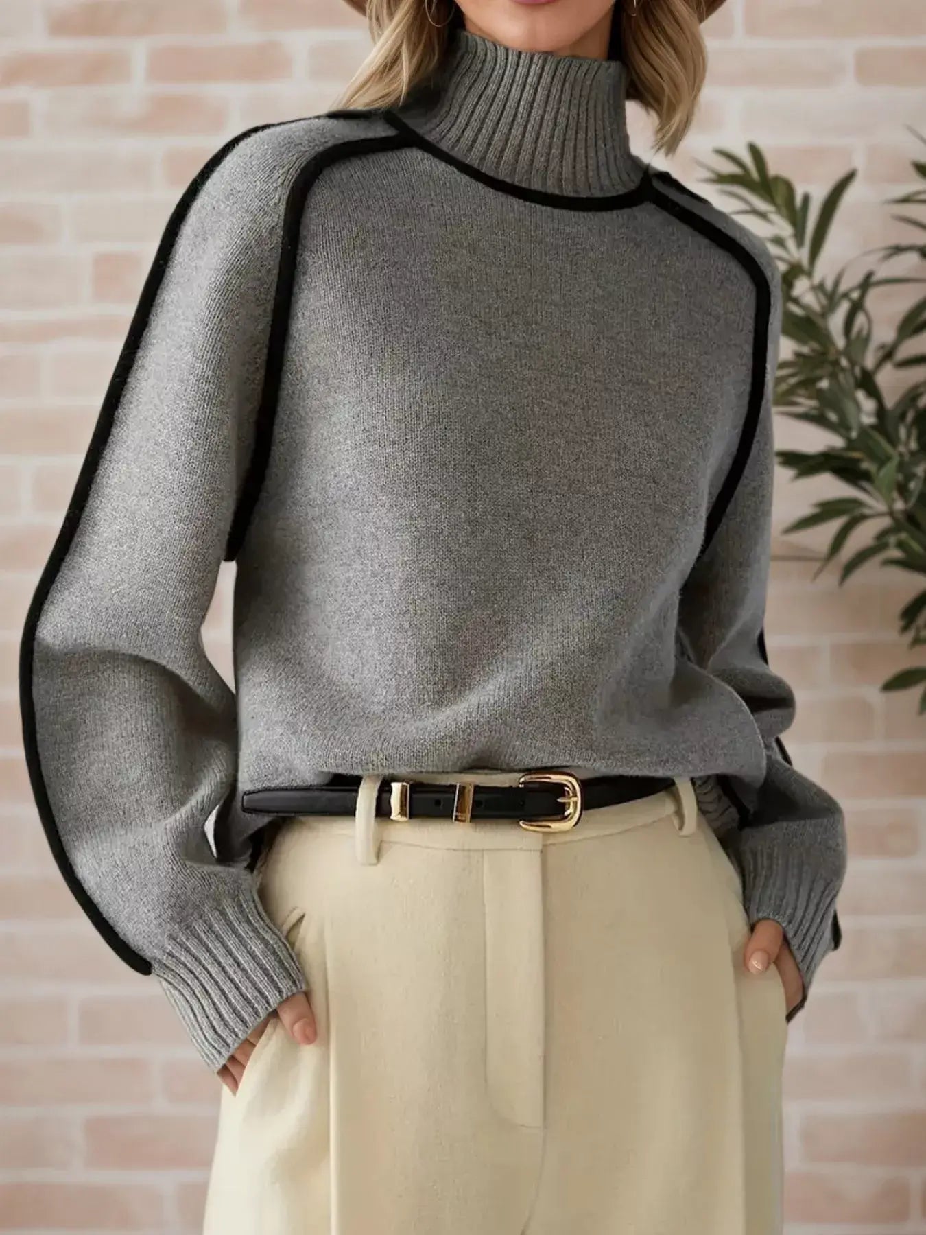 Contrast Trim Turtleneck Sweater - Trendsi - Flyclothing LLC
