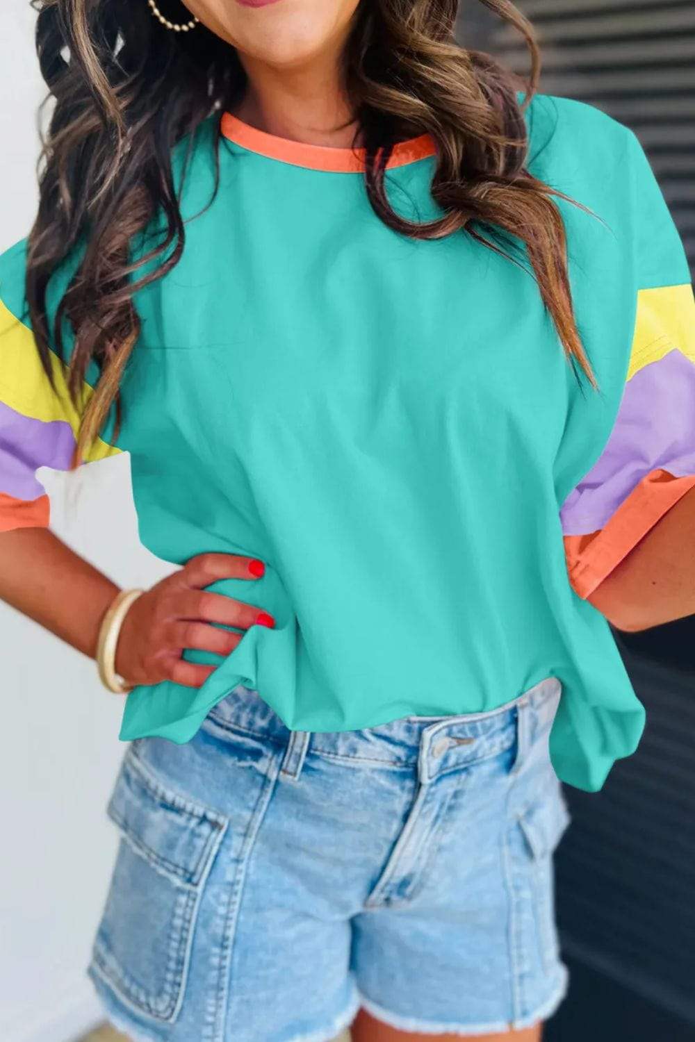 Color Block Round Neck Half Sleeve T-Shirt - Trendsi - Flyclothing LLC