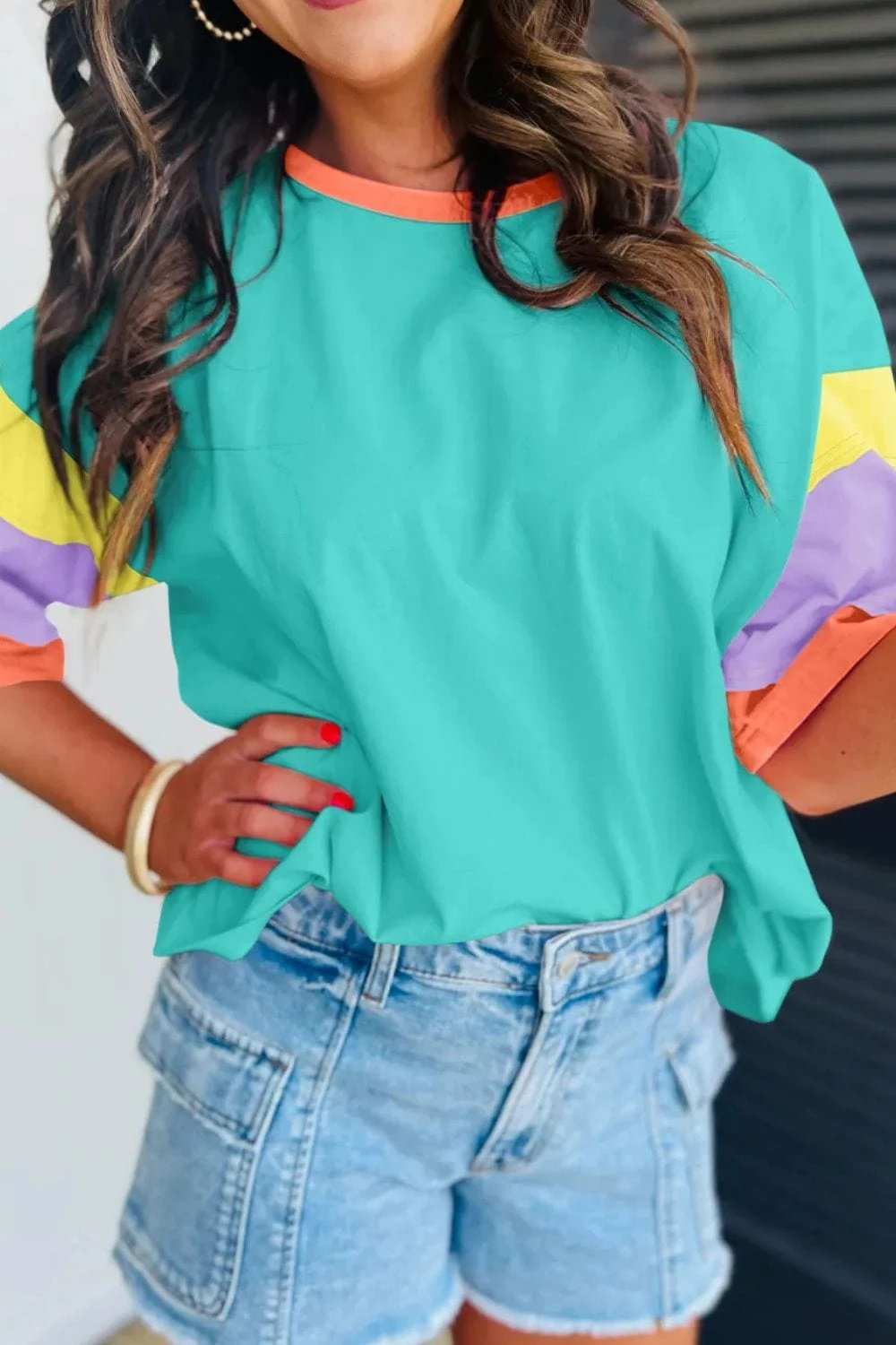 Color Block Round Neck Half Sleeve T-Shirt - Trendsi - Flyclothing LLC