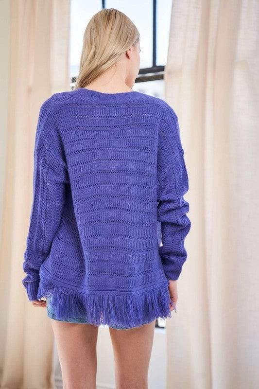 Davi & Dani Fringe V-Neck Button Up Long Sleeve Cardigan - Trendsi - Flyclothing LLC