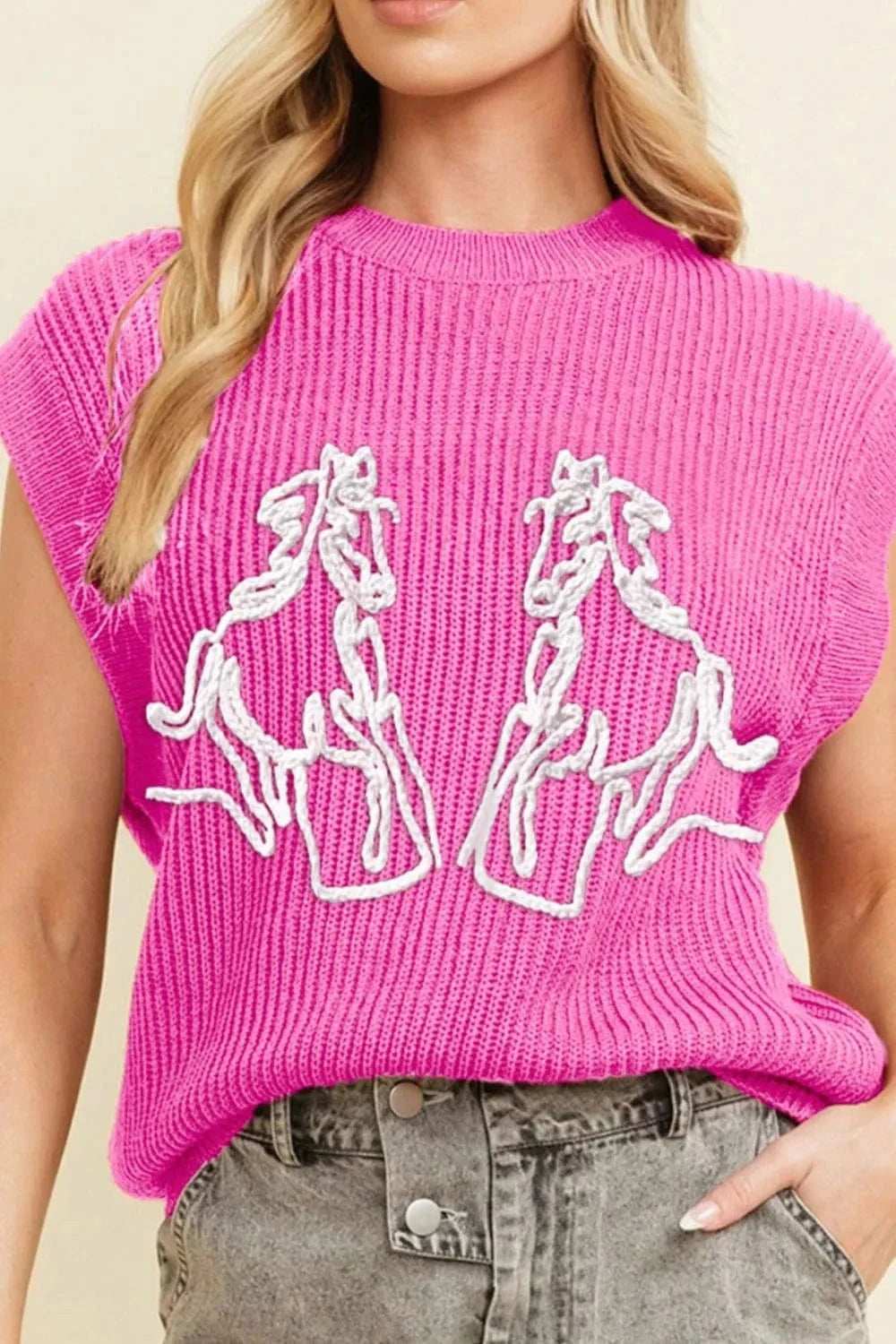 Western Horse Embroidered Round Neck Sweater - Trendsi - Flyclothing LLC