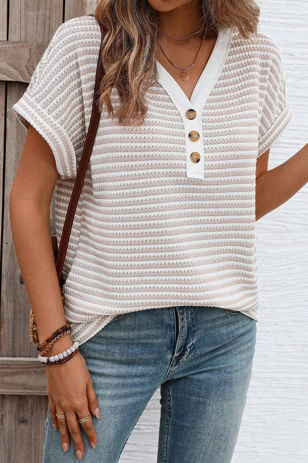 Stripe Buttoned Front V Neck T Shirt - Trendsi - Flyclothing LLC
