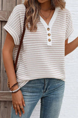 Stripe Buttoned Front V Neck T Shirt - Trendsi - Flyclothing LLC