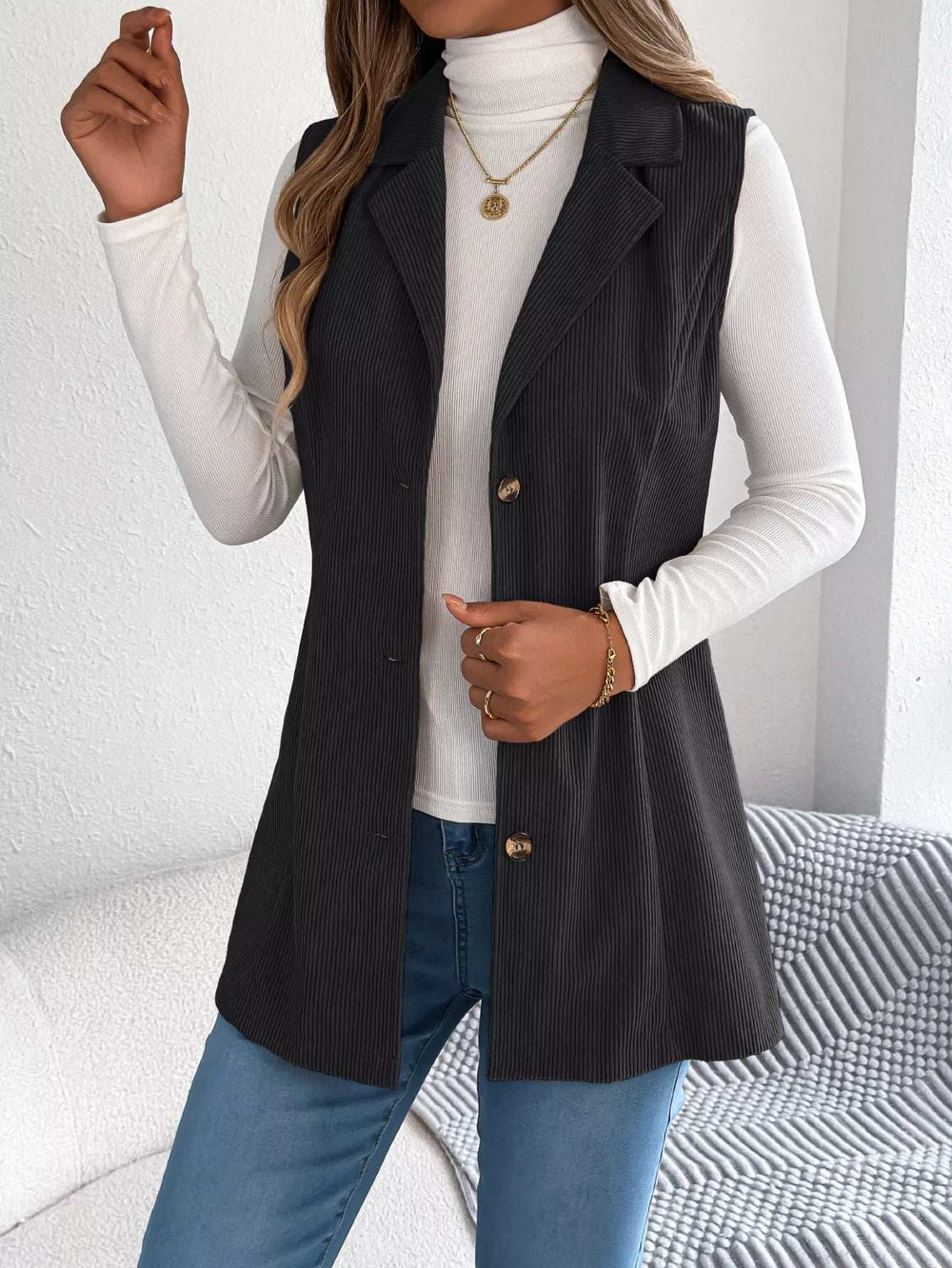 Button-Front Longline Vest Coat - Trendsi - Flyclothing LLC