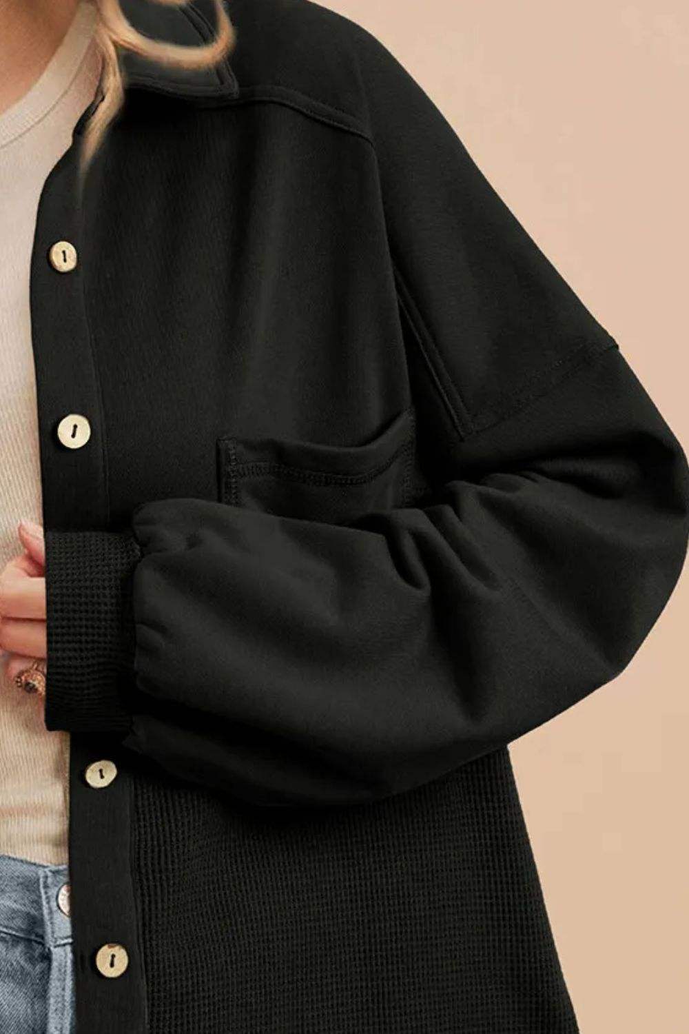 Waffle-Knit Collared Neck Long Sleeve Shacket - Trendsi - Flyclothing LLC