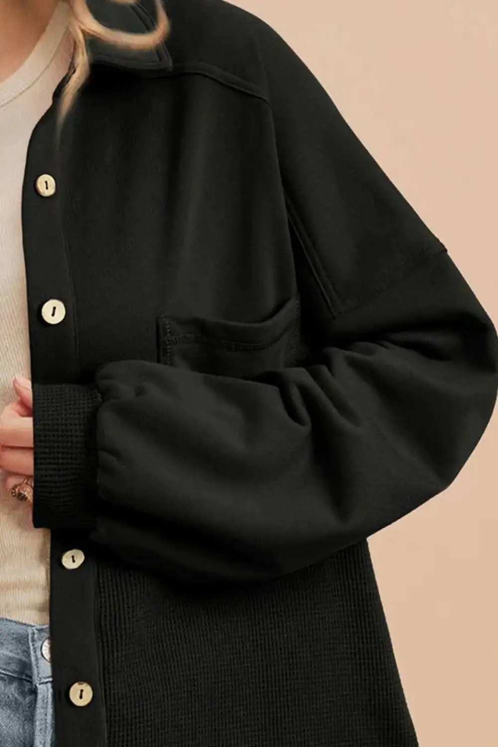 Waffle-Knit Collared Neck Long Sleeve Shacket - Trendsi - Flyclothing LLC