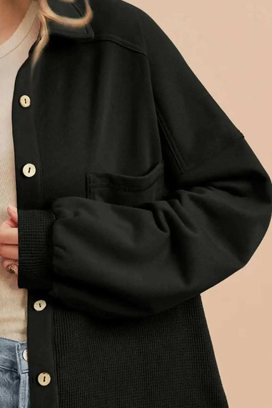 Waffle-Knit Collared Neck Long Sleeve Shacket - Trendsi - Flyclothing LLC