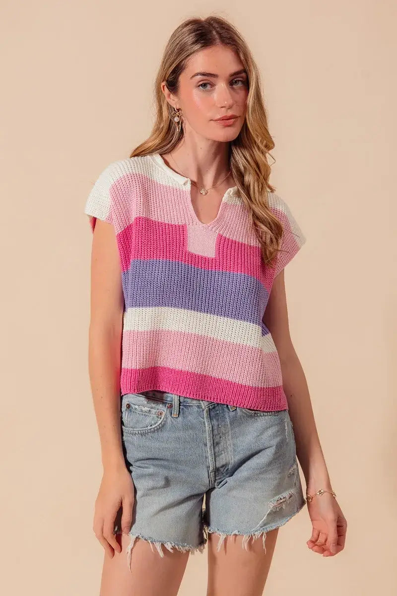 SO ME Multi Color Stripe Loose Fit Cap Sleeve Sweater Top - Trendsi - Flyclothing LLC