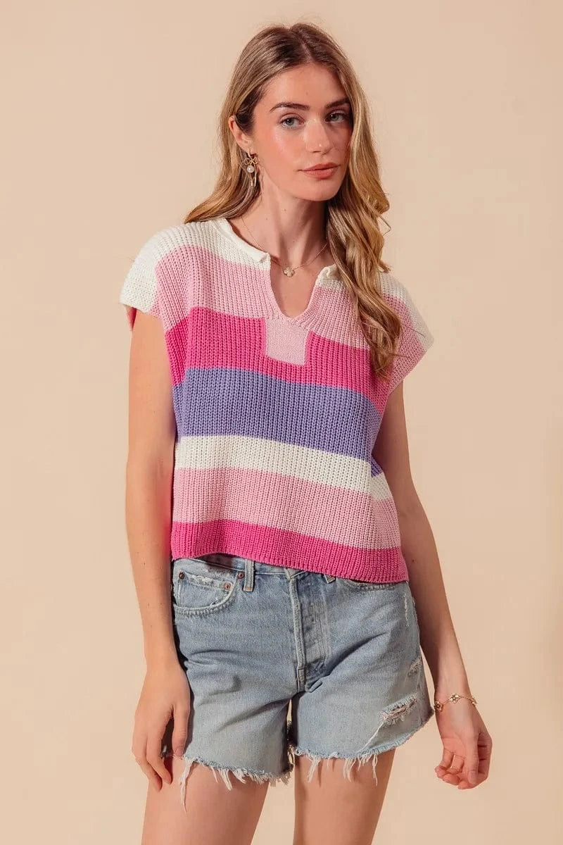 SO ME Multi Color Stripe Loose Fit Cap Sleeve Sweater Top - Trendsi