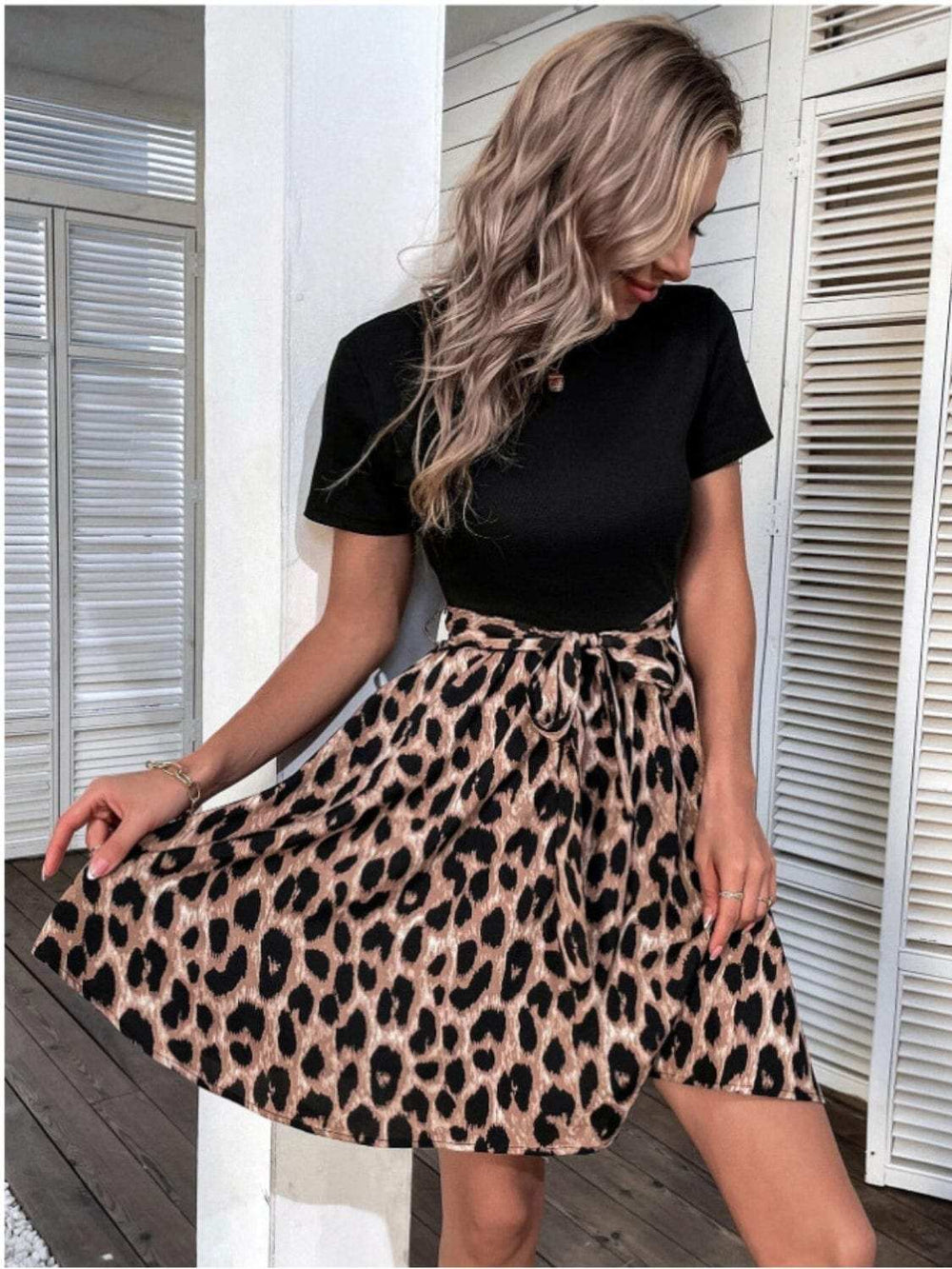 Tied Front Contrast Leopard Short Sleeve Mini Dress - Trendsi - Flyclothing LLC
