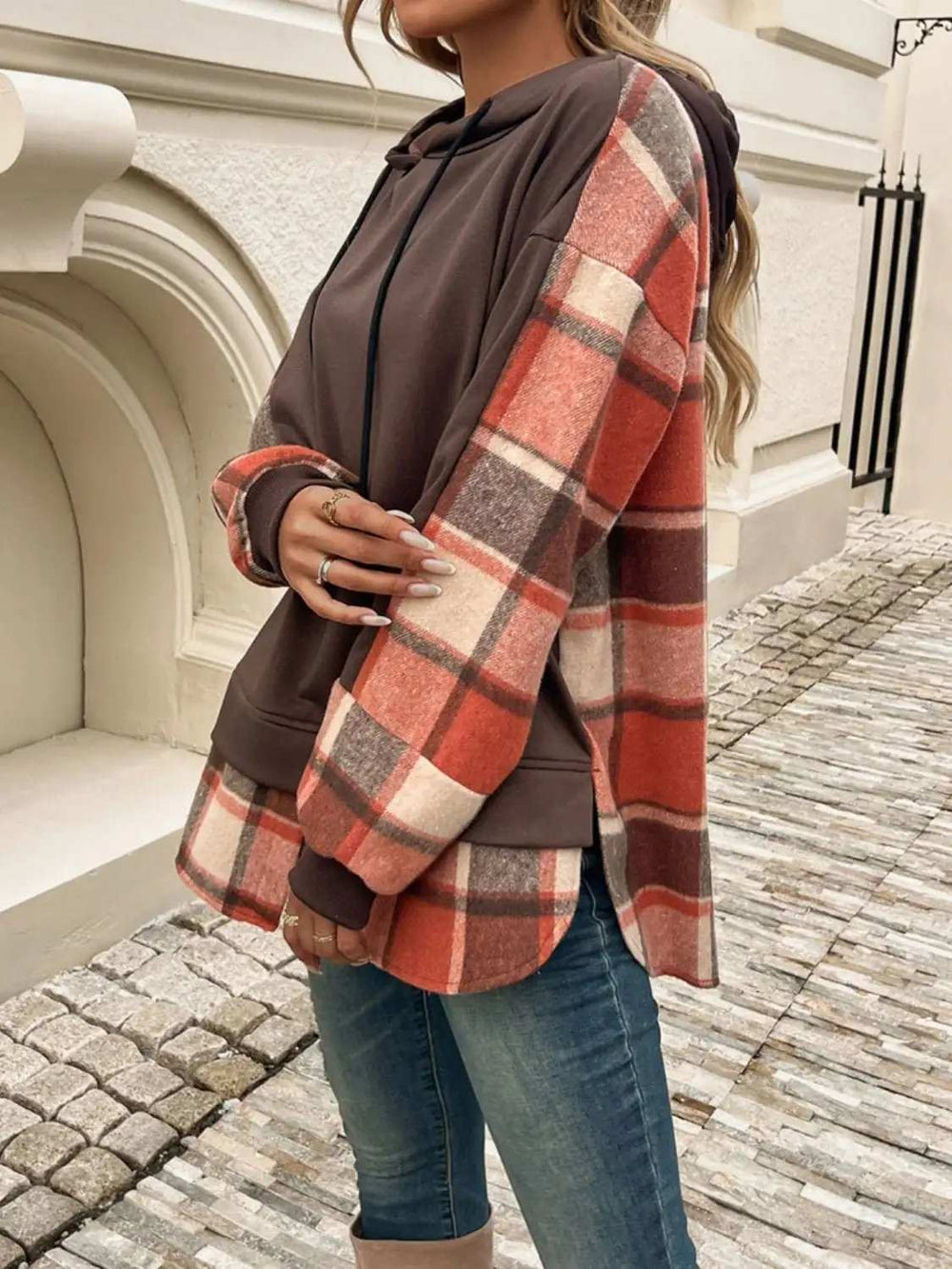 Devine Drawstring Plaid Long Sleeve Hoodie - Trendsi - Flyclothing LLC