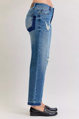 Judy Blue Full Size Mid Rise Bf Patch & Repair Destroy Release Hem Jeans Plus Size - Trendsi - Flyclothing LLC