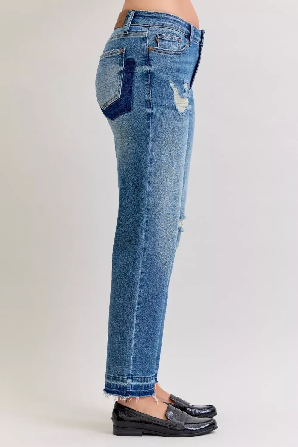 Judy Blue Full Size Mid Rise Bf Patch & Repair Destroy Release Hem Jeans Plus Size - Trendsi - Flyclothing LLC