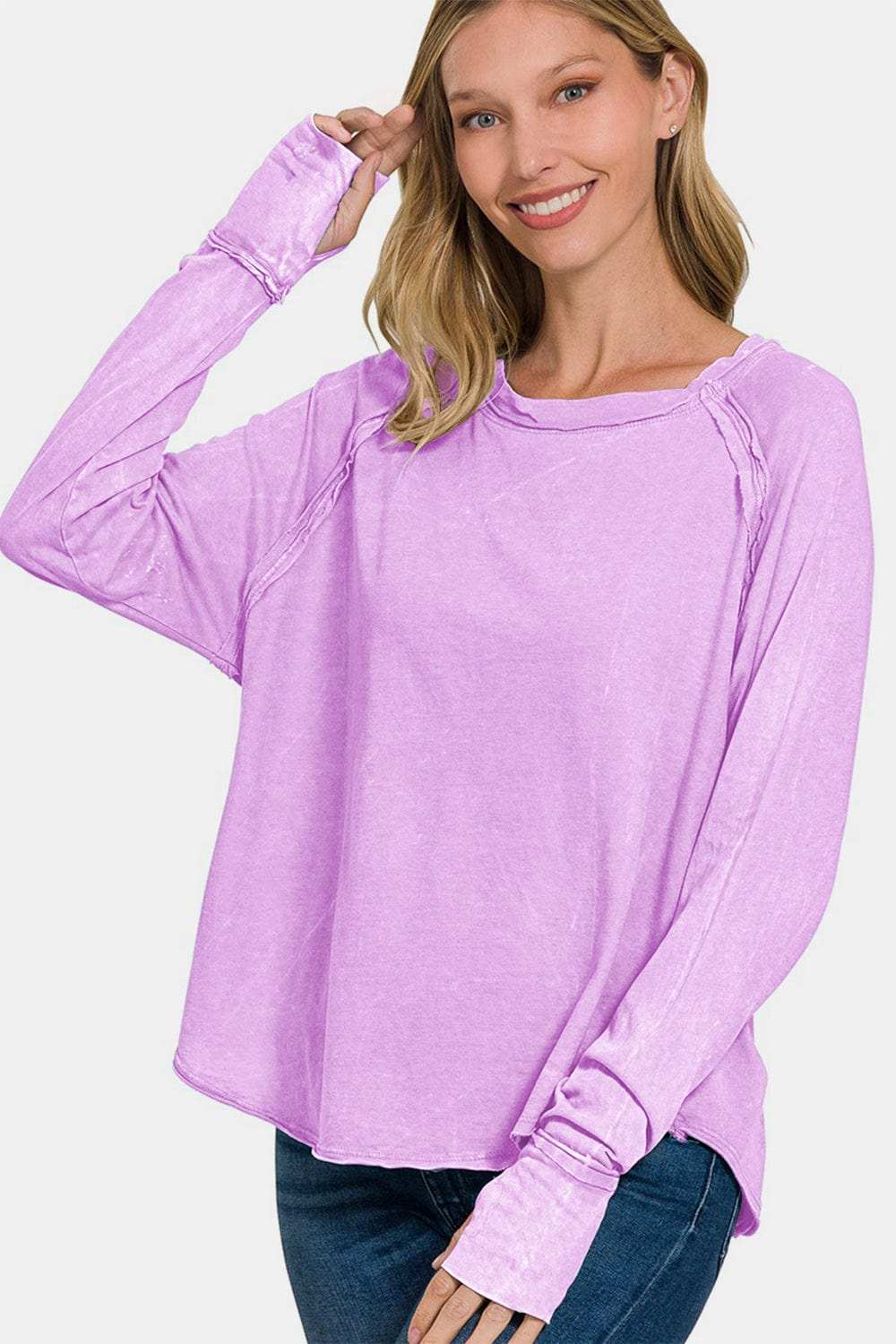 Zenana Round Neck Thumbhole Long Sleeve T-Shirt - Trendsi - Flyclothing LLC
