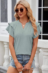 Eyelet Notched Flutter Sleeve T-Shirt - Trendsi - Flyclothing LLC