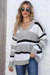 Color Block V-Neck Dropped Shoulder Sweater - Trendsi - Flyclothing LLC