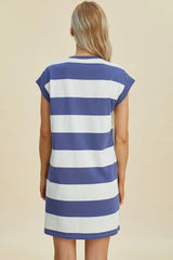 Basic Bae Full Size Striped Round Neck Cap Sleeve Mini Dress - Trendsi - Flyclothing LLC