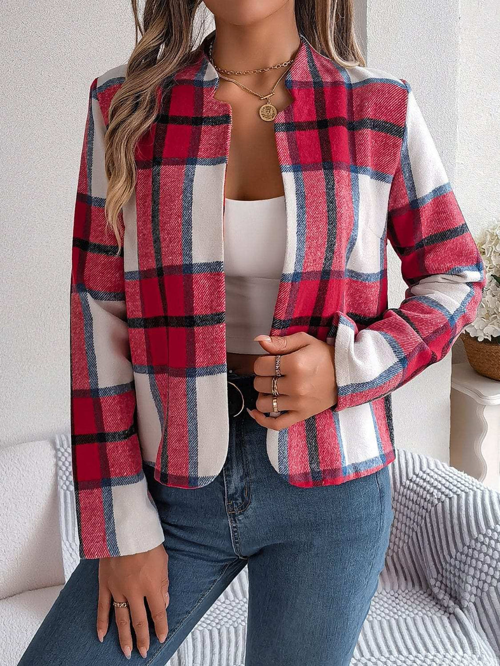 Plaid Open Front Long Sleeve Jacket - Trendsi - Flyclothing LLC